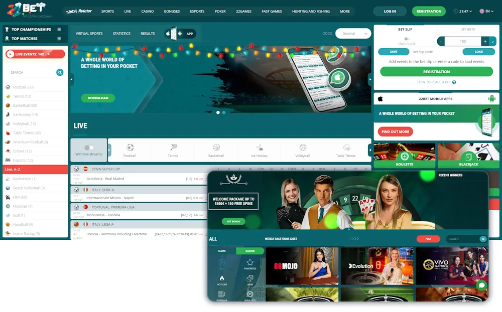 22Bet Casino and Sportsbook Screenshot